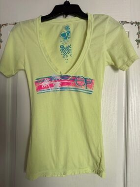 OP Neon Yellow V-Neck Tee with Pink & Teal Palm Stripe